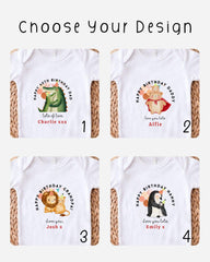 four different birthday t-shirts with personalized messages and illustrations.
