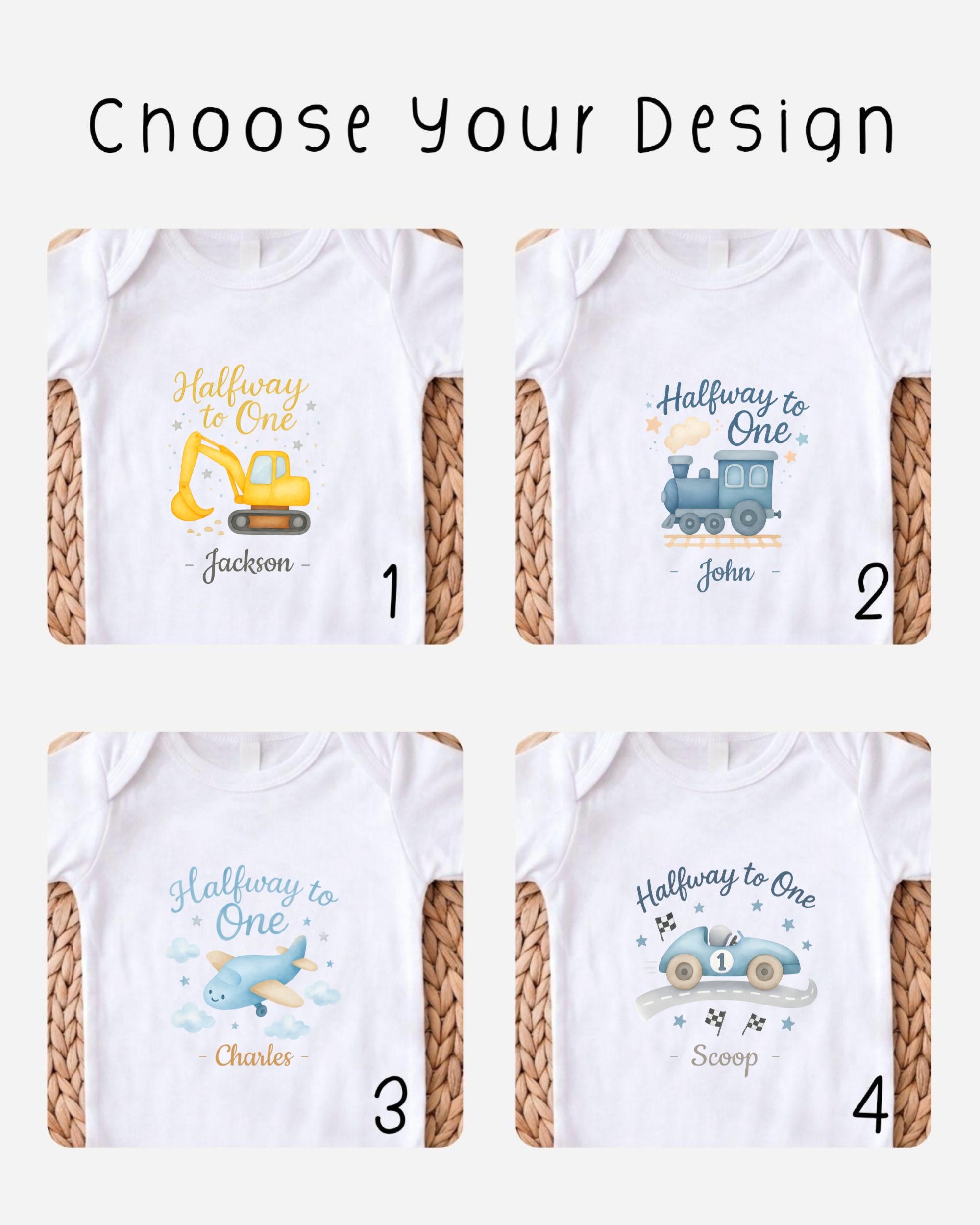 four different baby onesies with unique designs, each featuring a different theme related to construction or transportation.
