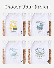 four different baby onesies with unique designs, each featuring a different theme related to construction or transportation.