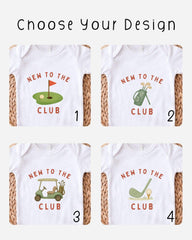 four different t-shirt designs with the text "NEW TO THE CLUB" printed on them.