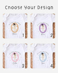 four different designs of white t-shirts, each featuring a cartoon character and the text "My first Halloween" printed on them.