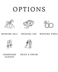 a collection of wedding-related icons and symbols, including a wedding bell, wedding car, wedding rings, champagne glasses, and a bride and groom.