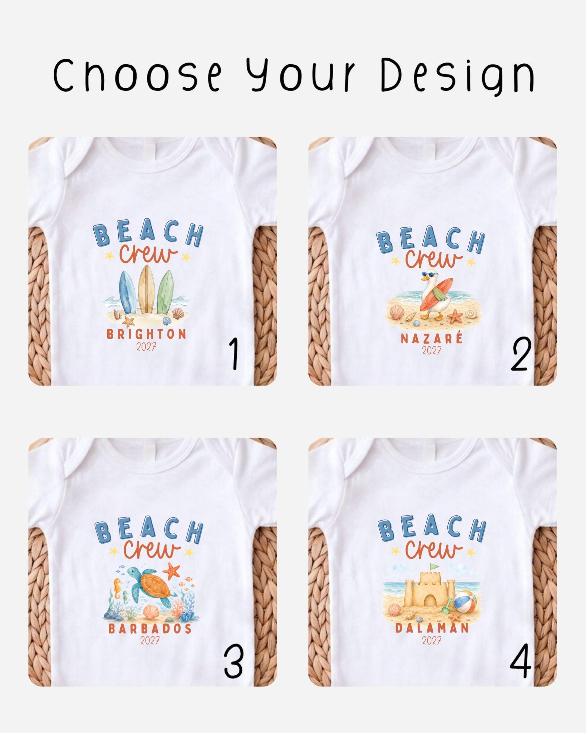 four different t-shirt designs featuring beach crew motifs, each with a unique beach-themed graphic and text.