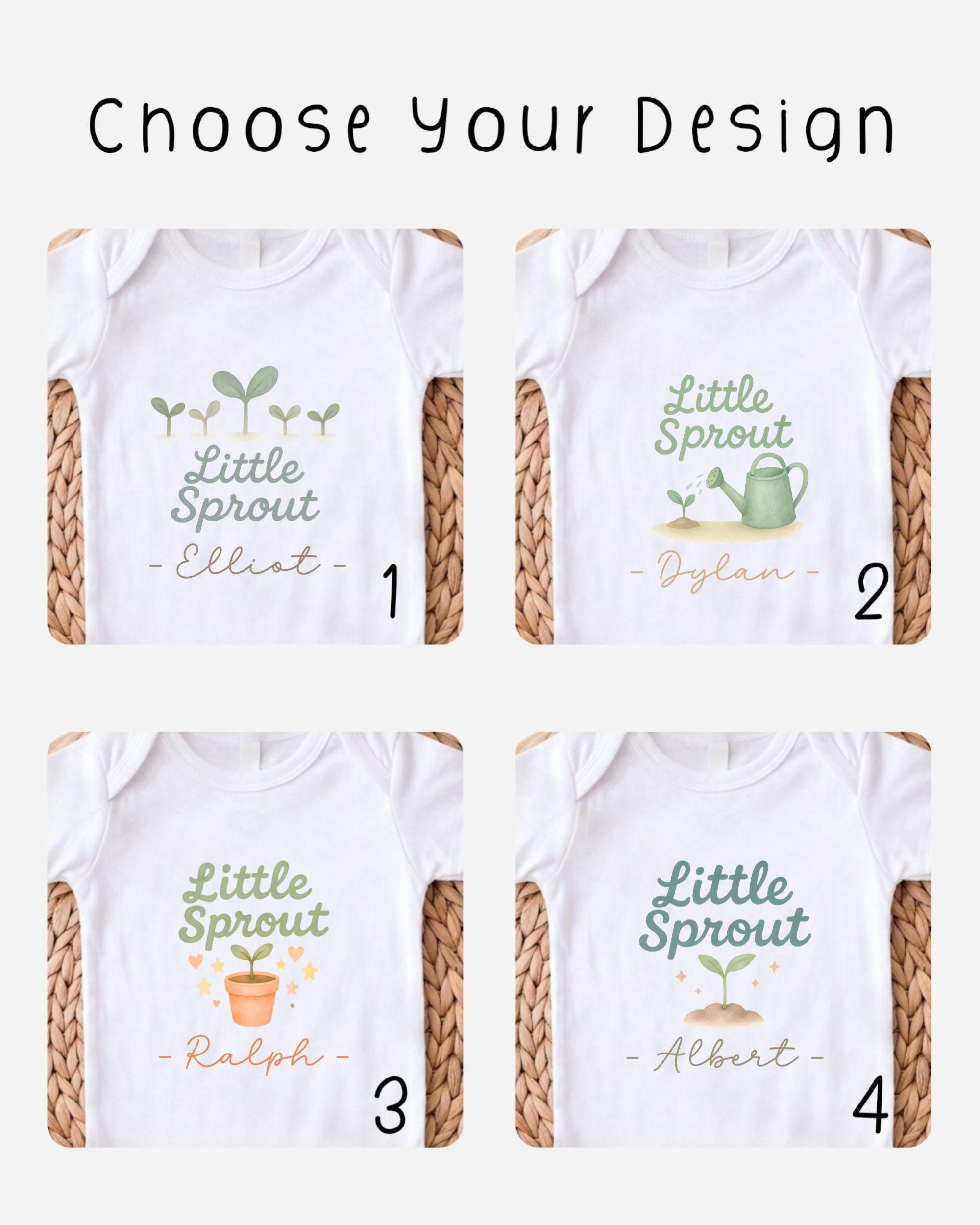 four different white t-shirts with the same design, featuring the text "Little Sprout" and a plant illustration. Each t-shirt has a unique name below the design, including "Elliot", "Dylan", "Ralph", and "Albert".