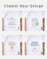 four different white t-shirts with the same design, featuring the text "Little Sprout" and a plant illustration. Each t-shirt has a unique name below the design, including "Elliot", "Dylan", "Ralph", and "Albert".