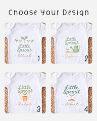 four different white t-shirts with the same design, featuring the text "Little Sprout" and a plant illustration. Each t-shirt has a unique name below the design, including "Elliot", "Dylan", "Ralph", and "Albert".