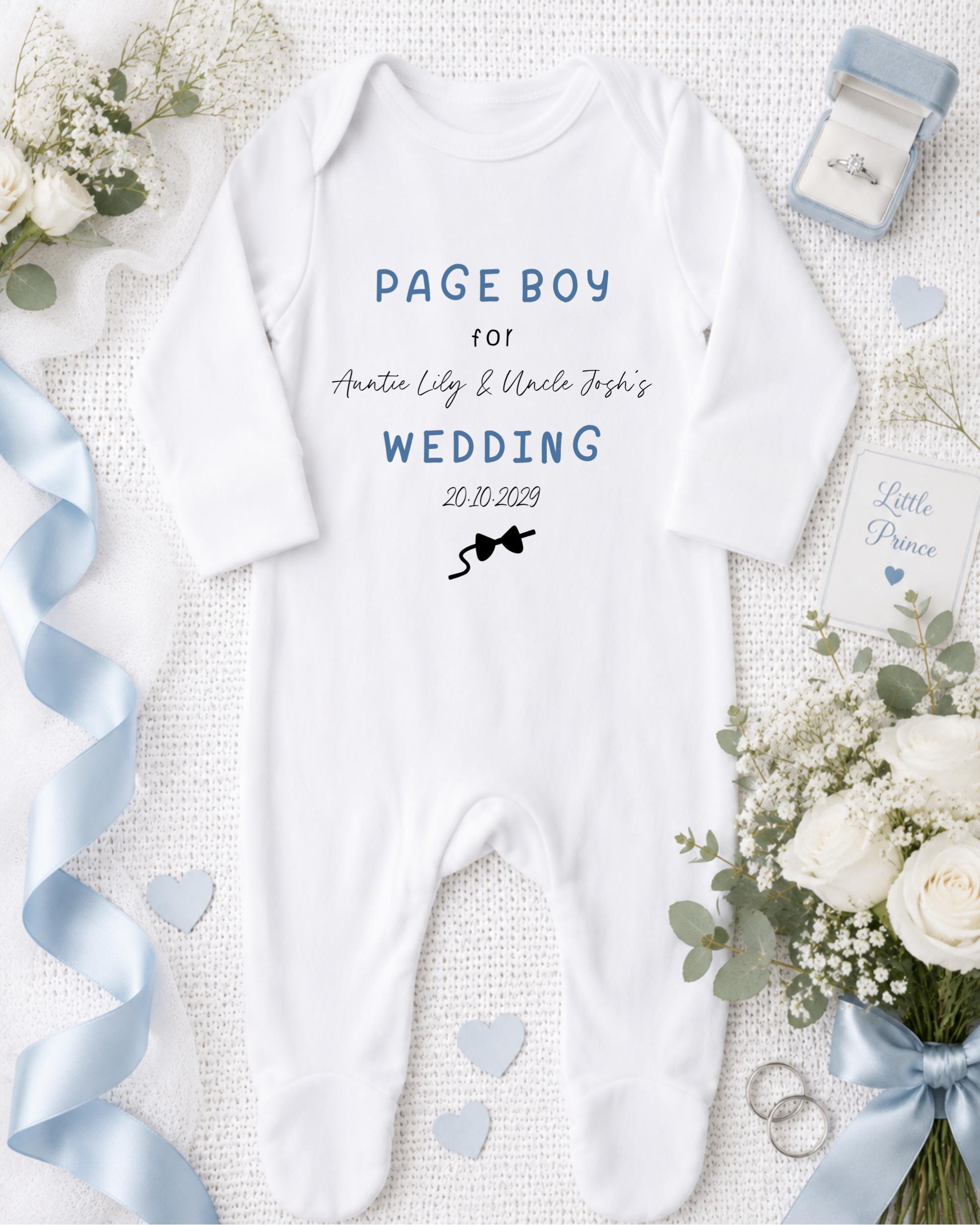 A white onesie with text and a black silhouette of a cat, surrounded by a bouquet of white flowers, a blue ribbon, and a ring box.