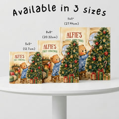 The image is a collage of four different sizes of a Christmas-themed book, featuring a teddy bear decorating a Christmas tree.