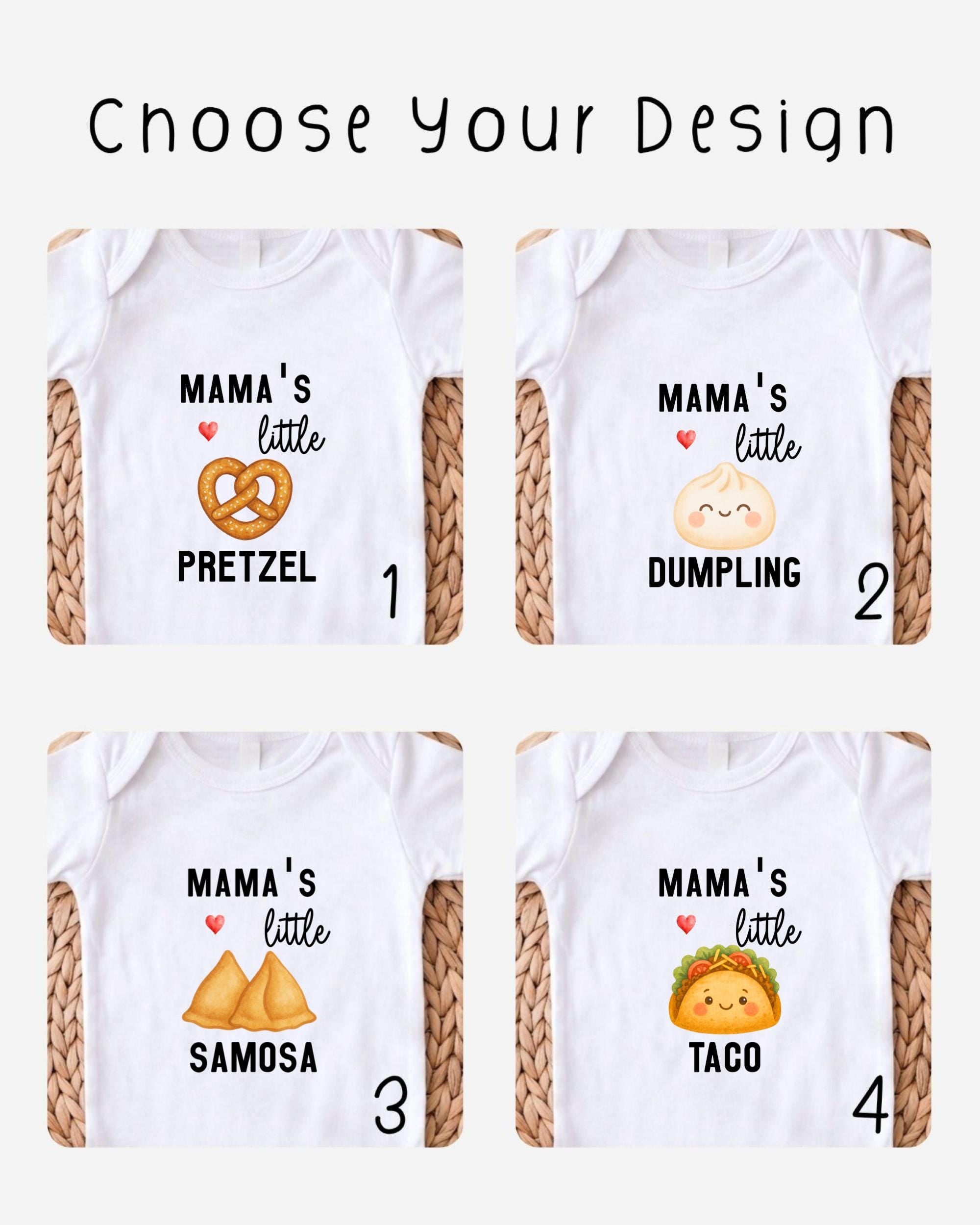 four different baby onesies with the text "Mama's little" and various food items printed on them, such as pretzels, dumplings, samosas, and tacos.