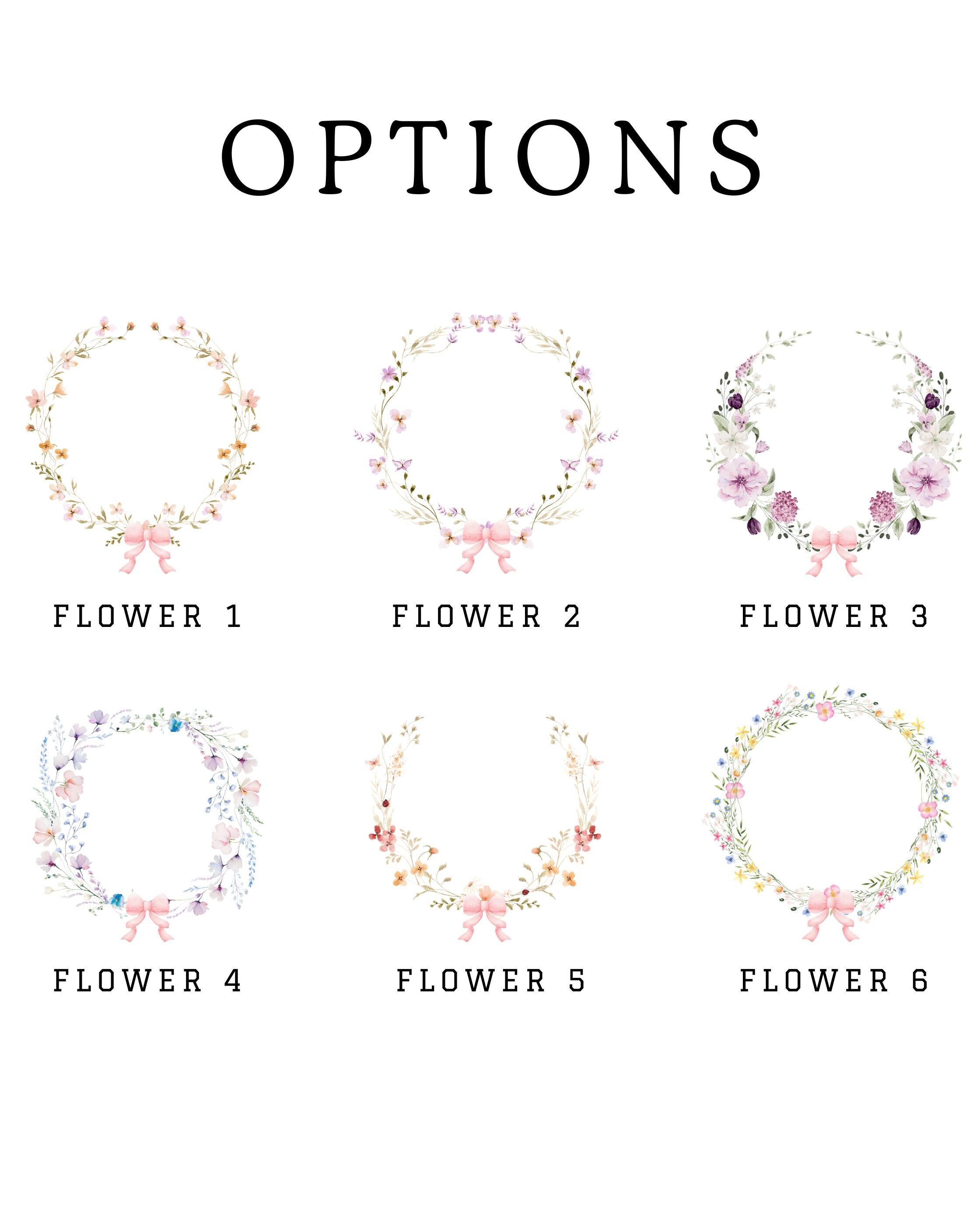 six floral wreaths of different sizes and colors, each with a unique design and arrangement of flowers.