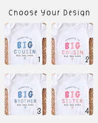 four different designs of baby shirts, each promoting a sibling relationship. The shirts feature the text "Promoted to Big Cousin" and "Promoted to Big Brother" along with the names "Est. Jan 2023".
