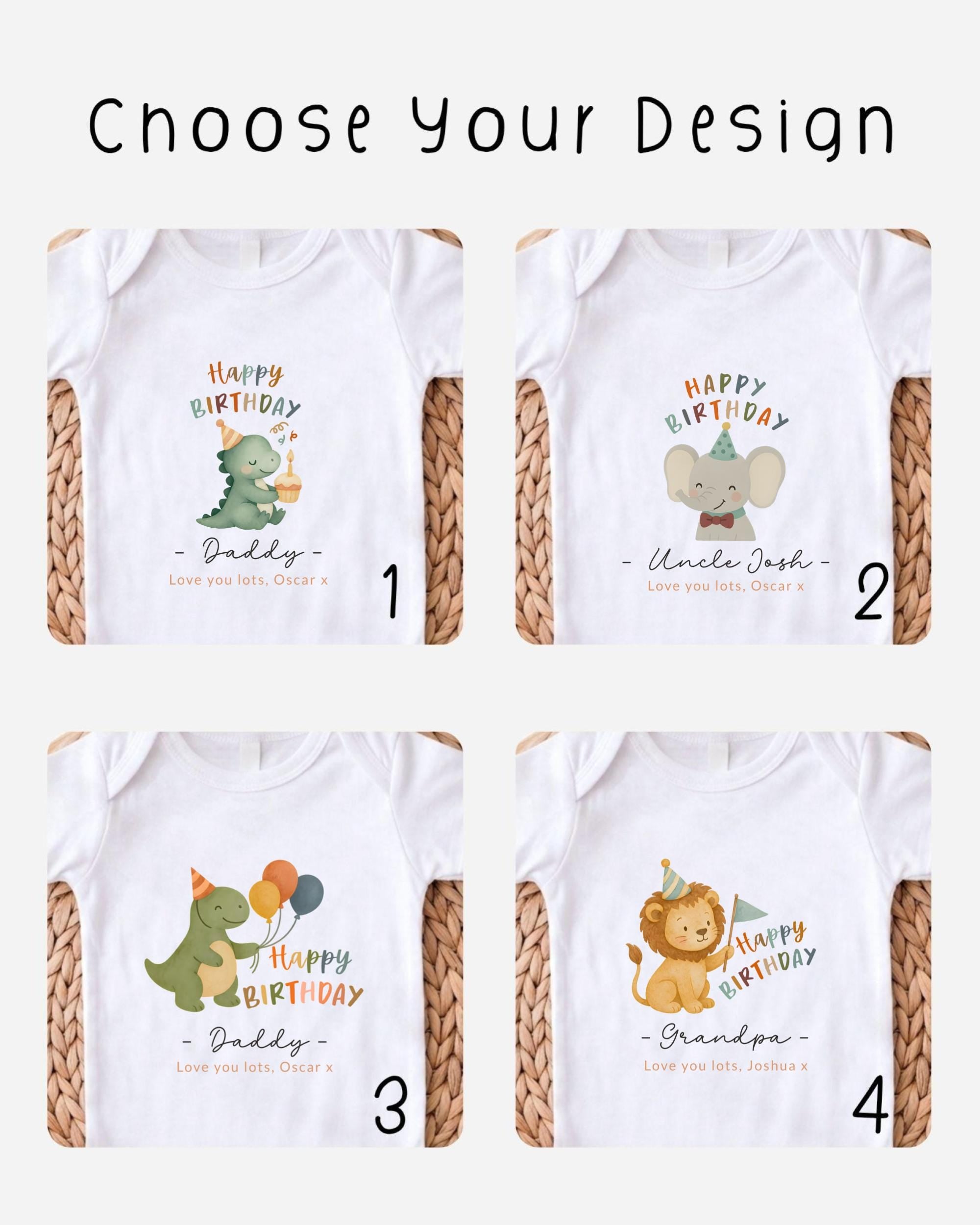 four different birthday t-shirts with various cartoon animal designs and the text "Happy Birthday" printed on them.