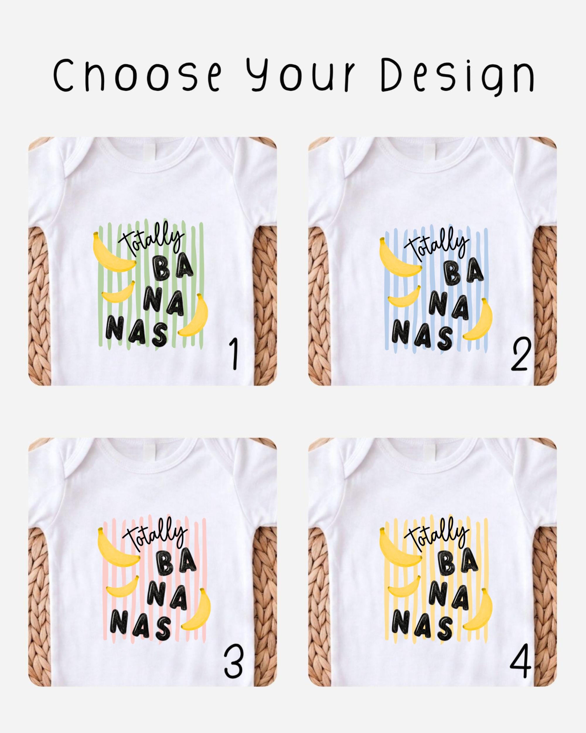 four different designs of white t-shirts with the text "Totally BANANA NAS" printed on them.