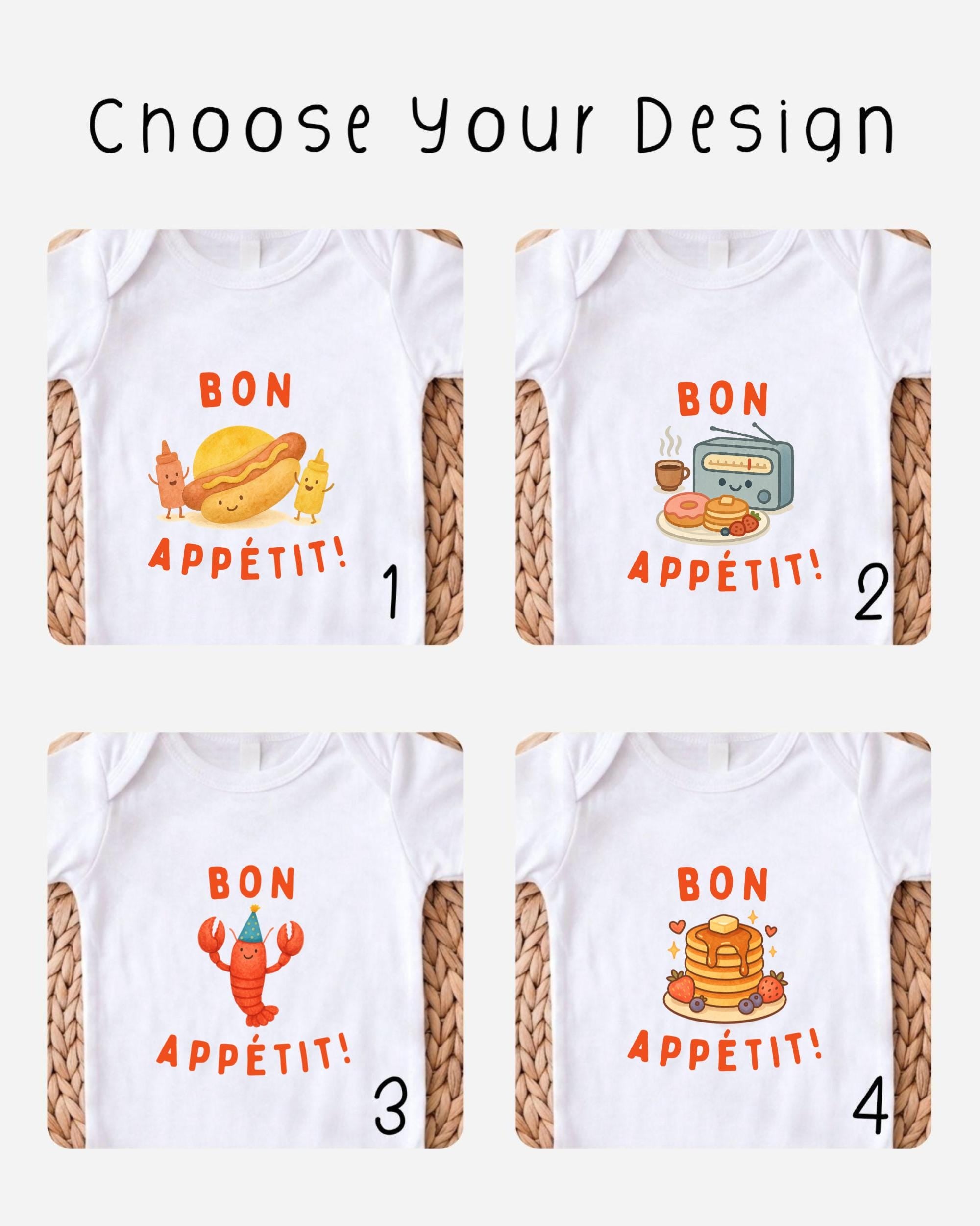 four different t-shirt designs with the phrase "BON APETIT!" printed on them.