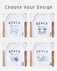 four different t-shirt designs with beach-themed graphics and text.