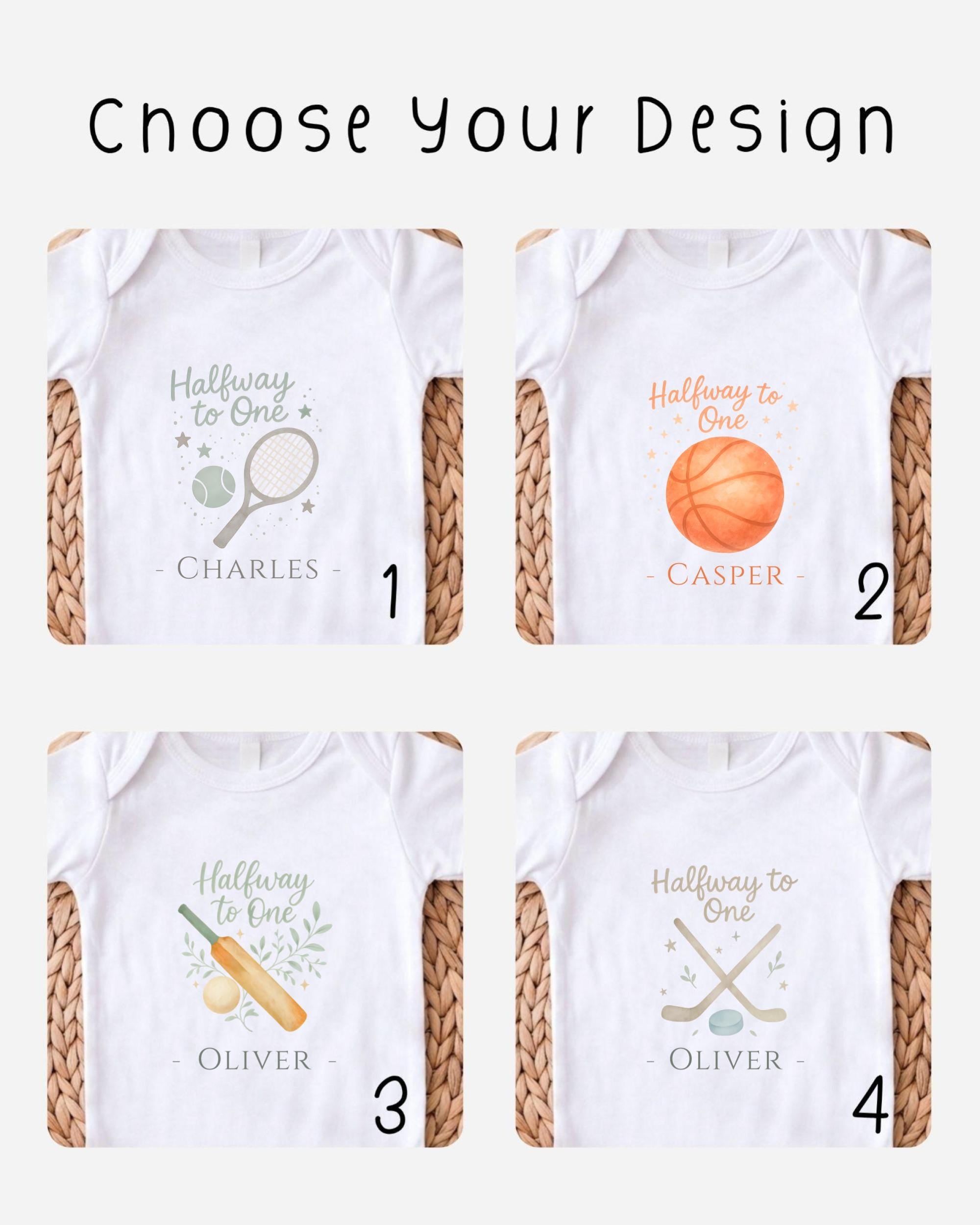 four different t-shirt designs, each featuring a sports ball and a bat, along with the names "Charles", "Oliver", and "Casper".