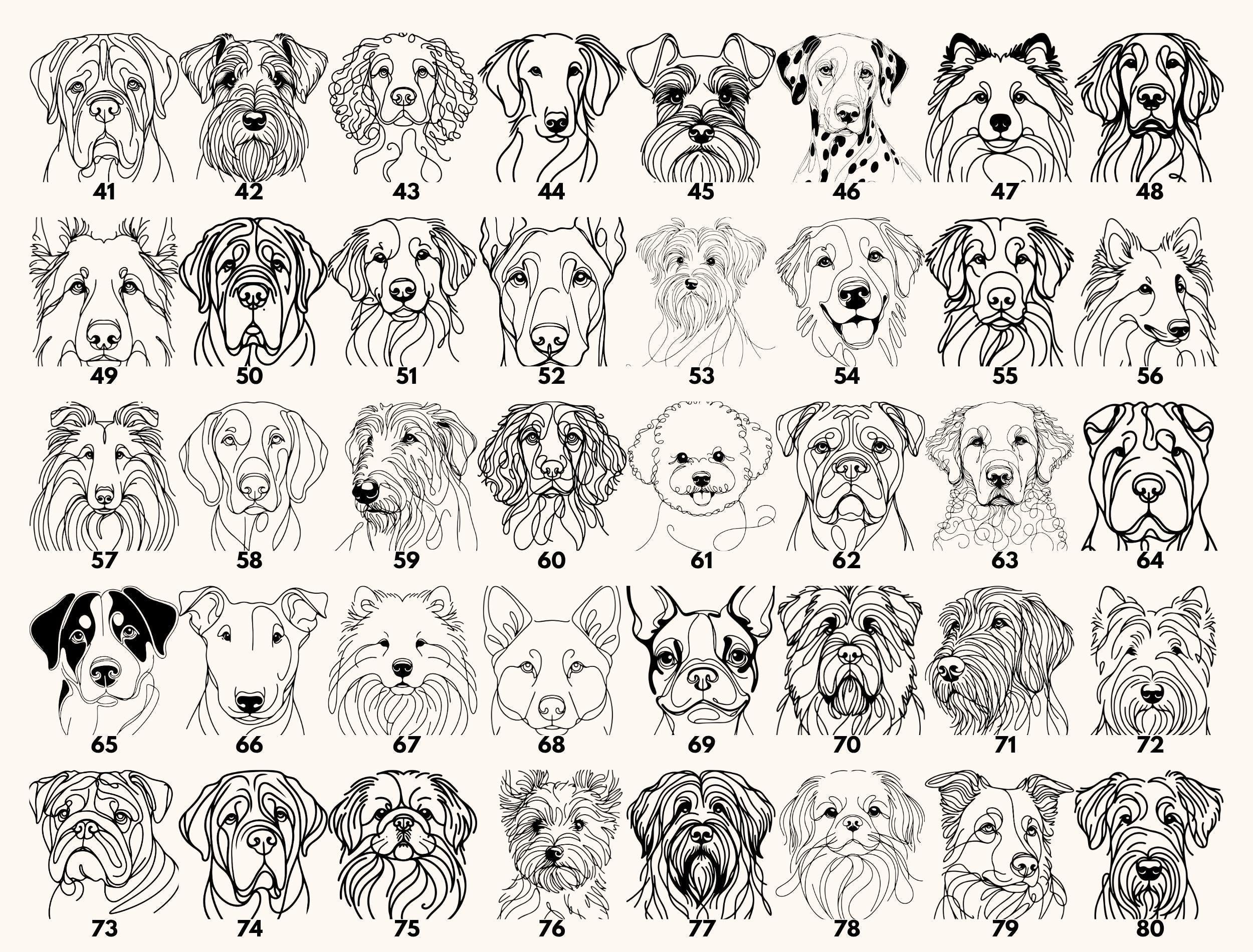 a grid of 24 black and white line drawings depicting various dog breeds, each with a unique facial expression and pose.