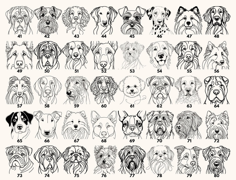 a grid of 24 black and white line drawings depicting various dog breeds, each with a unique facial expression and pose.