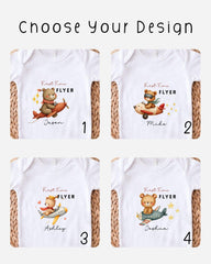 four different t-shirt designs featuring cartoon bears on airplanes, each with a unique name and number.