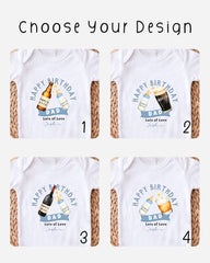 four different t-shirt designs featuring birthday-themed graphics and text.