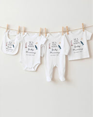 a collection of baby clothes hanging on a clothesline, with the clothes bearing the text "SEA YOU SOON Baby Murray December 2020".