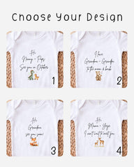 four different designs of white t-shirts, each with a unique message related to a baby shower. The messages include phrases like "Hi Nanny + Pops See you in October", "I love Grandma & Grandpa to the moon & back", "Hi Grandma see you soon!", and "I love Mom + Yee I can't wait to meet you".