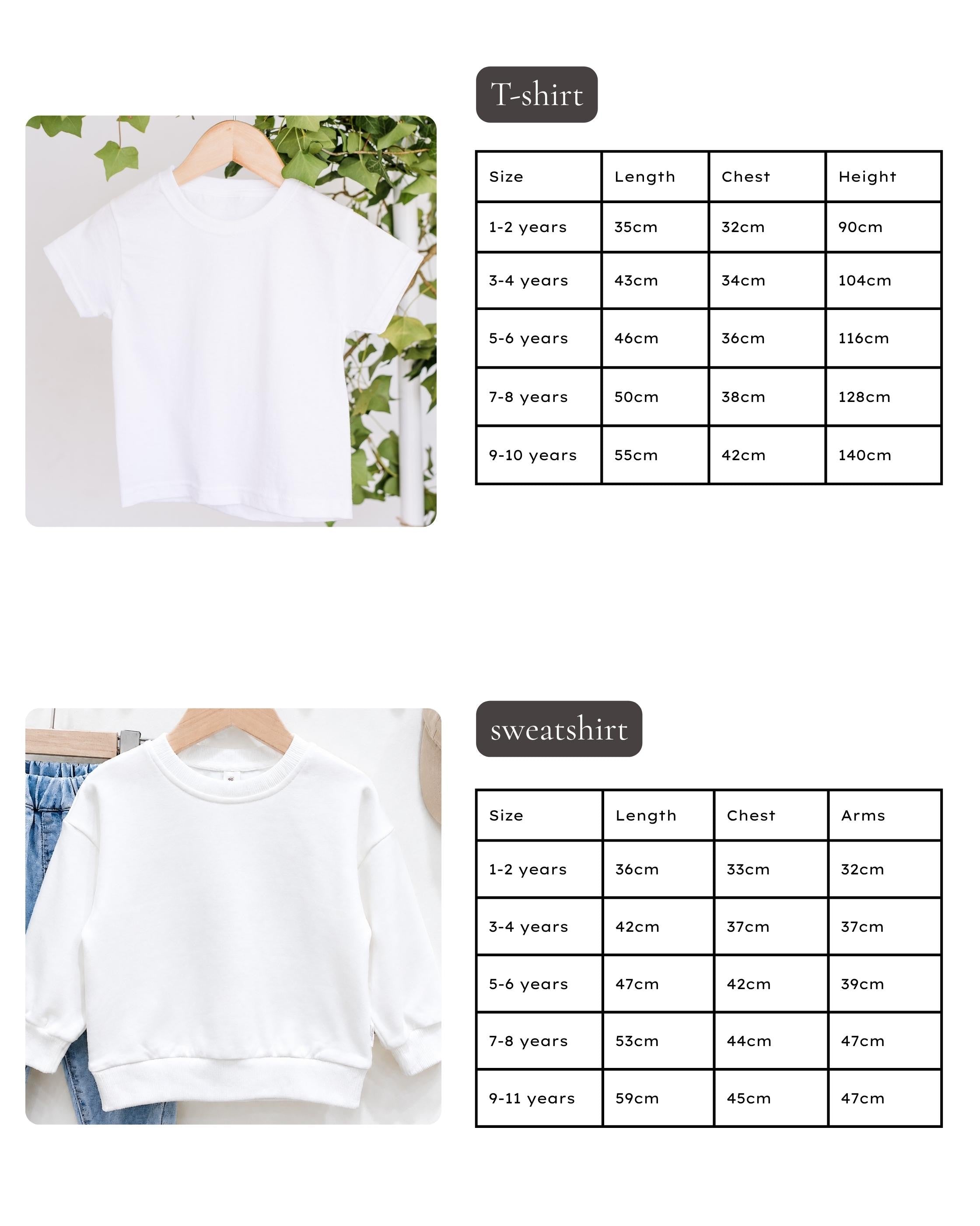 a collection of clothing items, including a white T-shirt and a white sweatshirt, along with their respective sizes and measurements.