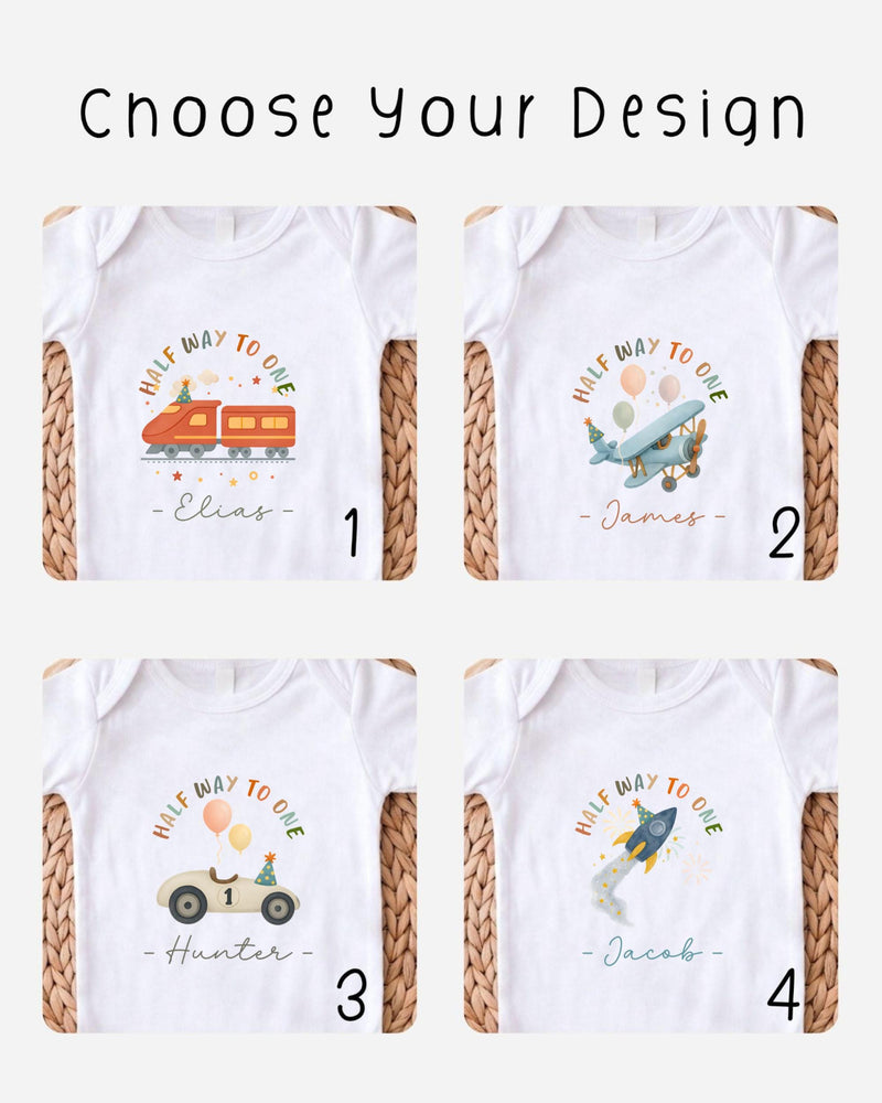 four different t-shirt designs, each featuring a unique theme and character. The designs include a train, a car, a rocket, and a person. The t-shirts are labeled with the names 'Elias', 'James', 'Hunter', and 'Jacob'.