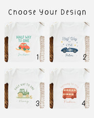 four different t-shirt designs, each featuring a unique theme and character. The designs include a half-way car, a half-way bus, a half-way tractor, and a half-way horse. The t-shirts are labeled with the names Jackson and Peter, and the designs are intended for children.