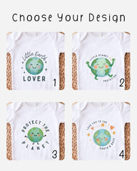 four different baby onesies with various designs related to the theme of protecting the planet.
