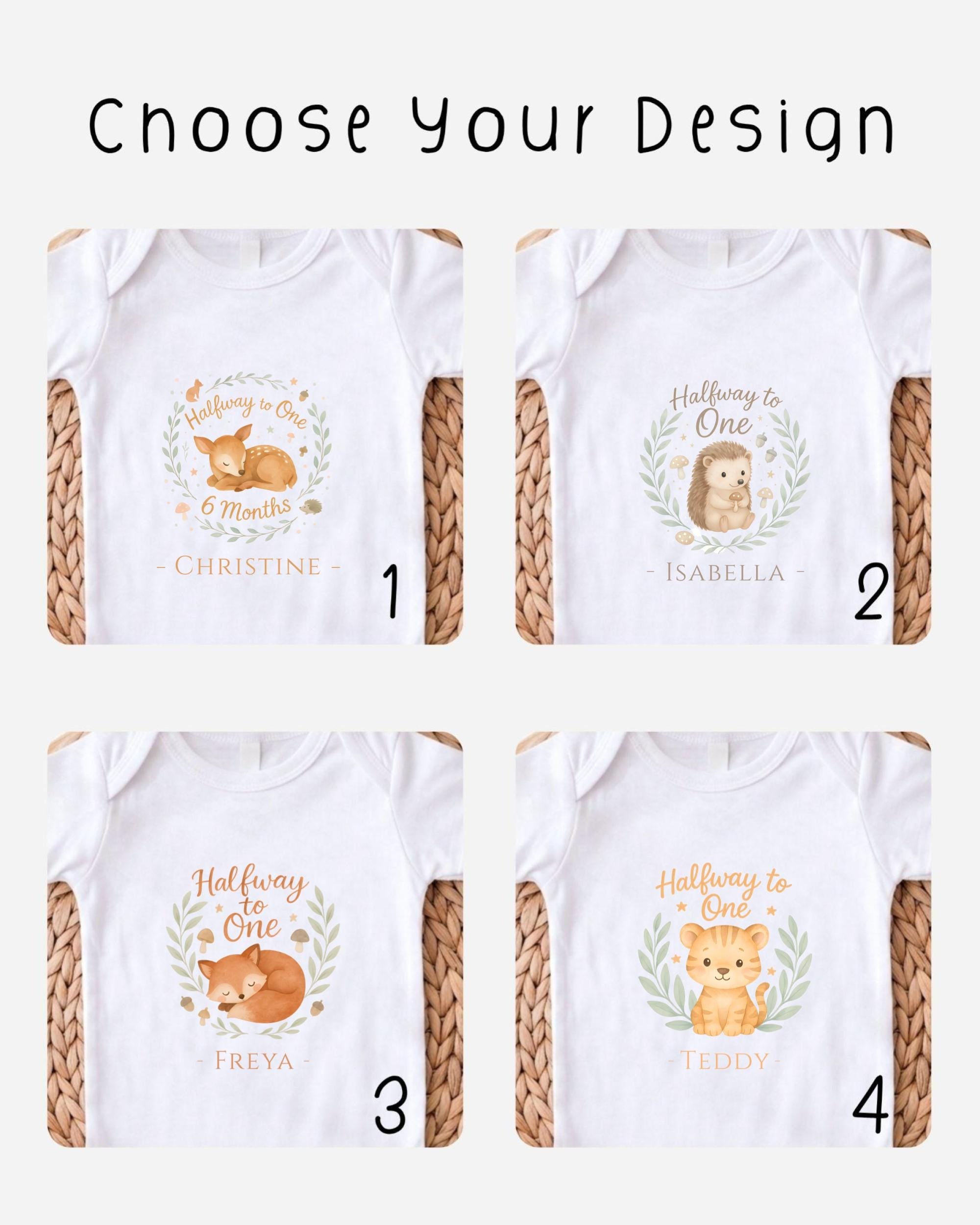 four different baby t-shirt designs featuring animals, with each design featuring a different animal and a name.