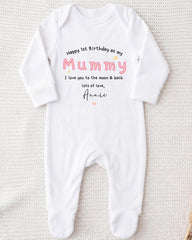 A white onesie with a personalized message printed on it.