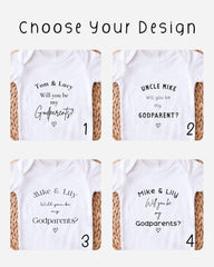four white t-shirts with different text and names printed on them, suggesting they are designed for a family or a group of people.