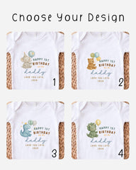 four different t-shirt designs for a "Happy 1st Birthday" theme, featuring cartoon animals such as elephants, bears, and dinosaurs.