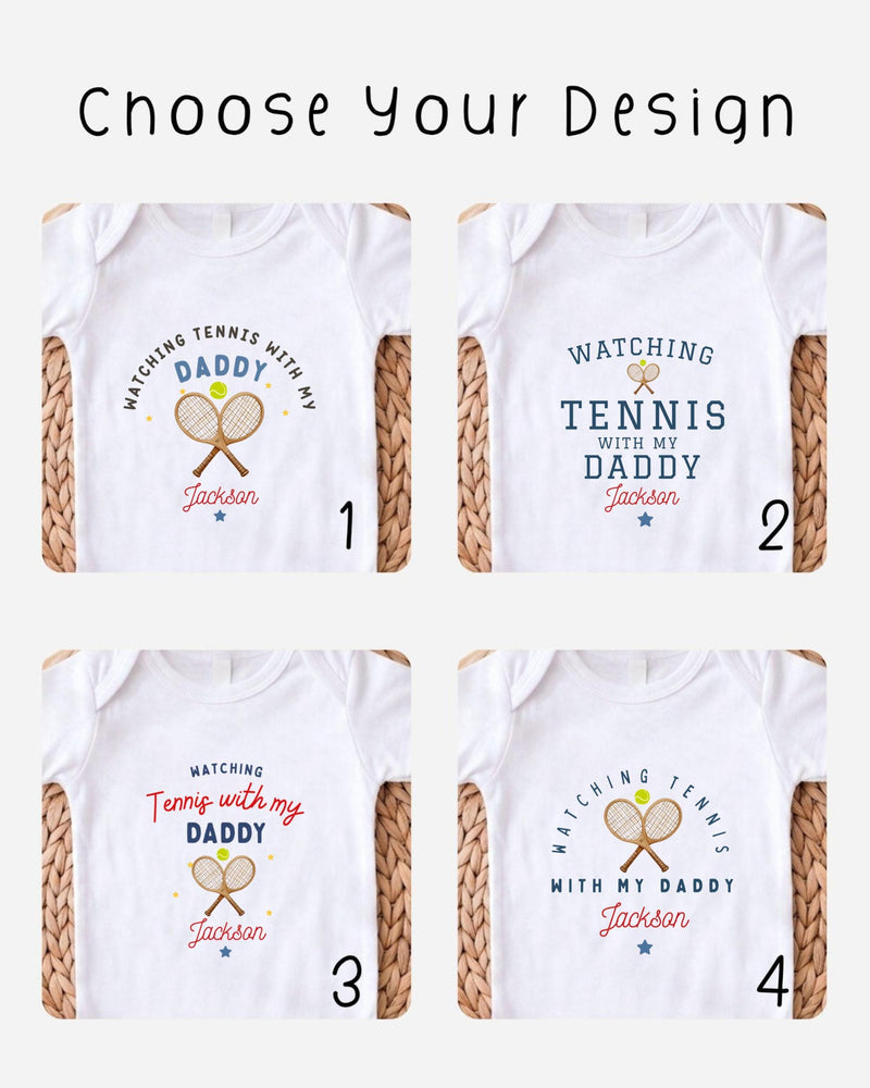 four different white t-shirts with tennis-themed designs, each featuring a unique message or phrase related to tennis and the wearer's relationship with their father.