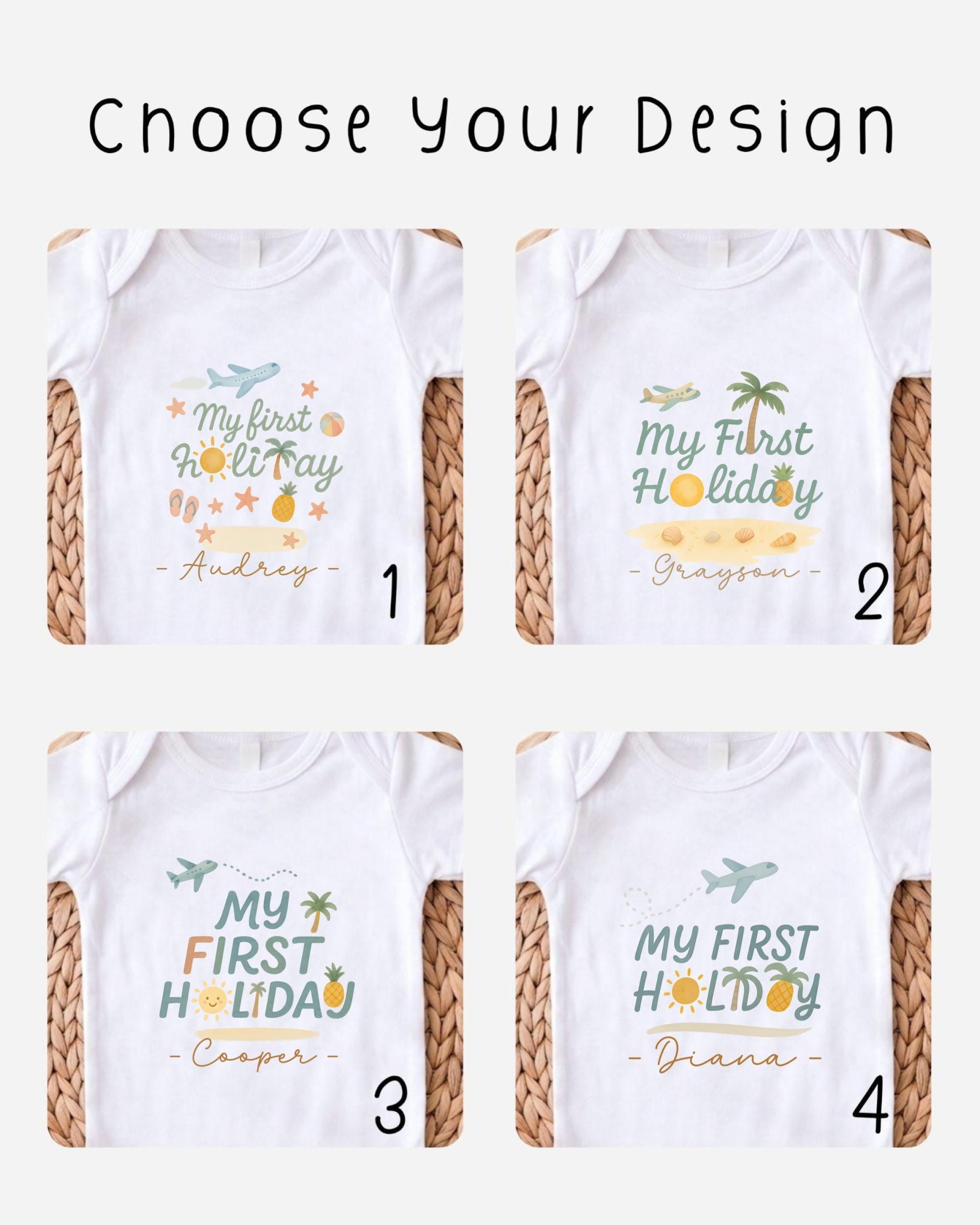 four different t-shirt designs with the text "My first holiday" printed on them.