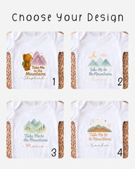 four different t-shirt designs with mountain and nature-themed graphics.