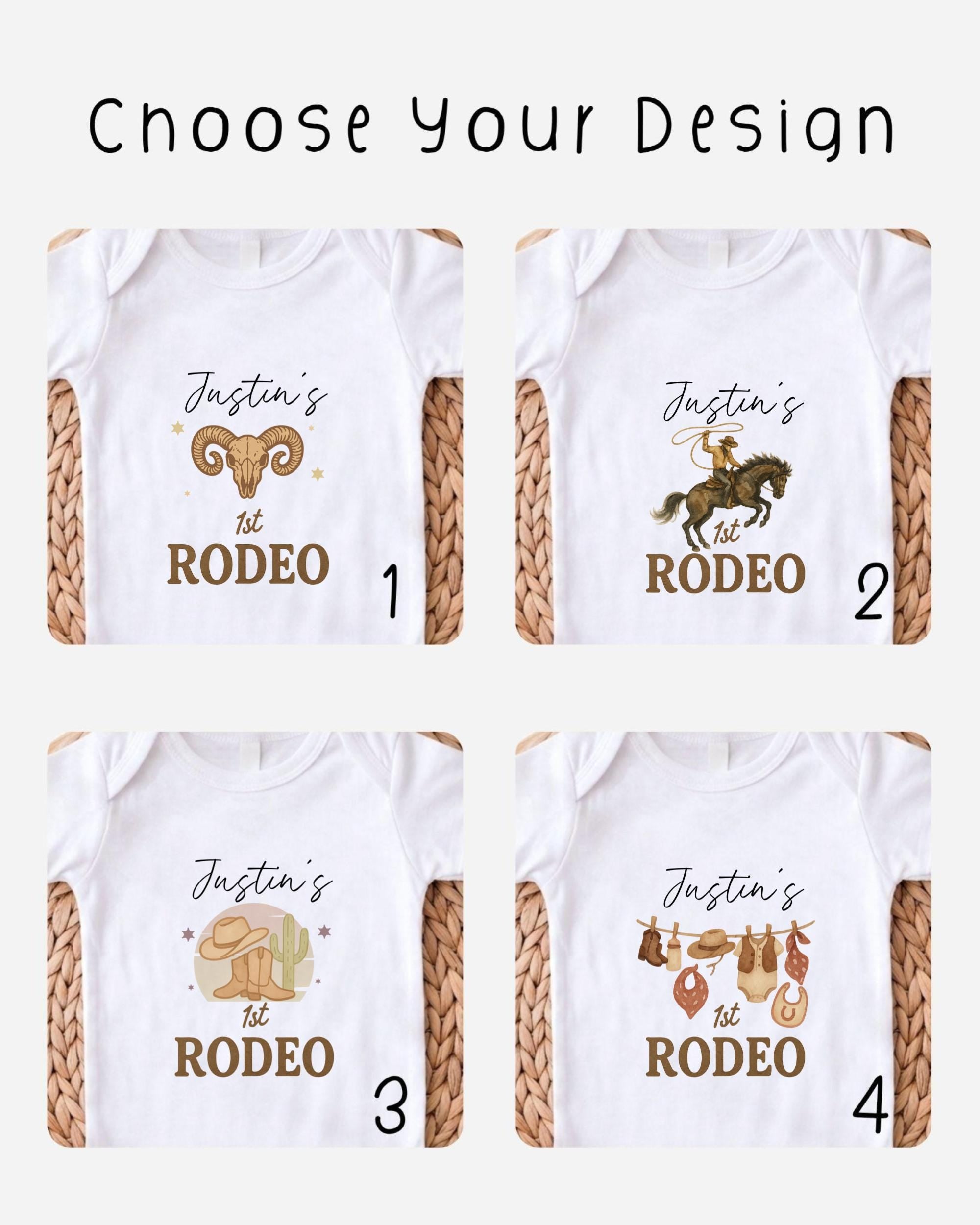 four different designs of baby onesies, each featuring a unique cowboy-themed graphic and text.