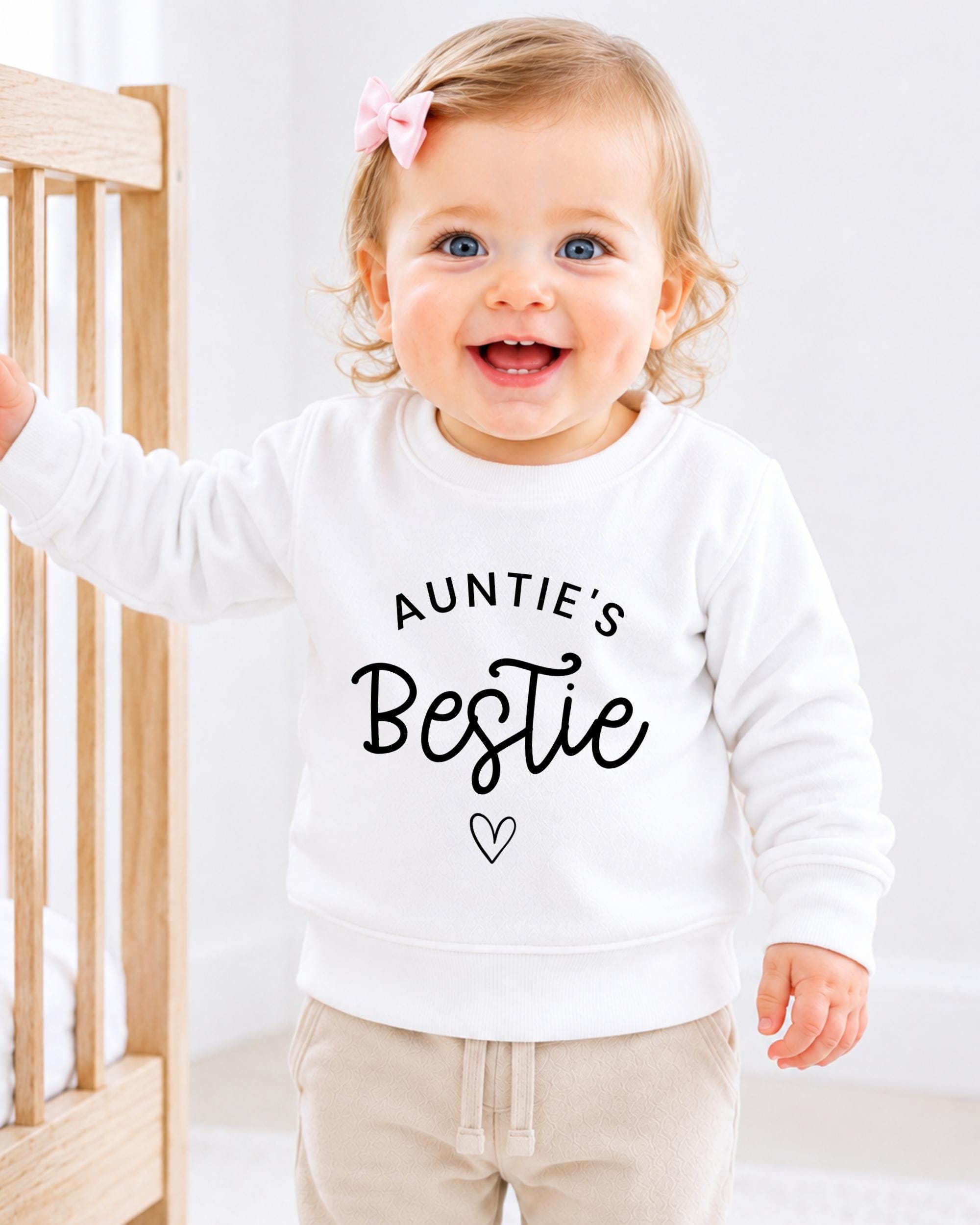 A smiling baby girl wearing a white sweatshirt with the text "Auntie's Bestie" printed on it.
