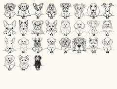 a collection of black and white line drawings depicting various dog breeds, including pugs, bulldogs, and other breeds.