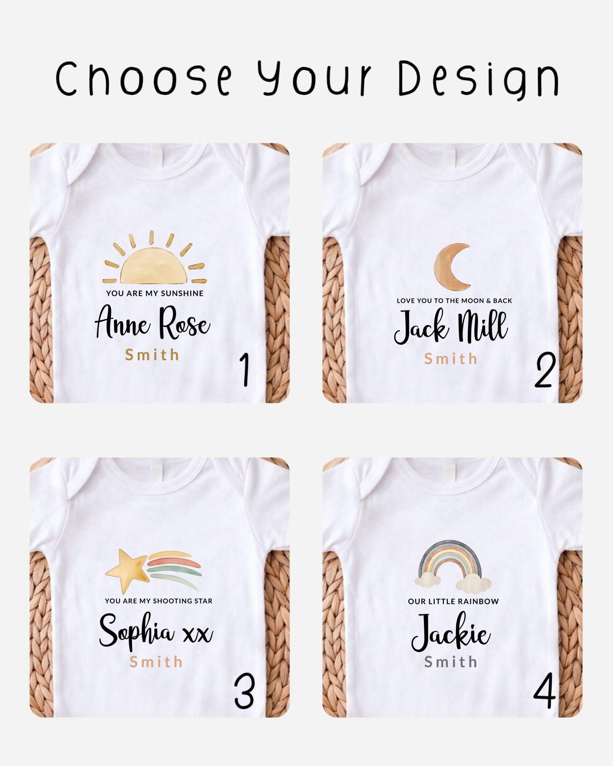 four different white t-shirts with personalized text and illustrations, each representing a different name and a different design.