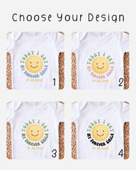four different designs of white t-shirts with a cheerful smiley face and the text "Today I Get My Forever Smile" printed on them.