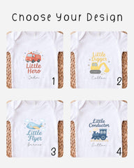 four different baby onesies with various designs, including a fire truck, a digger, a little airplane, and a conductor.