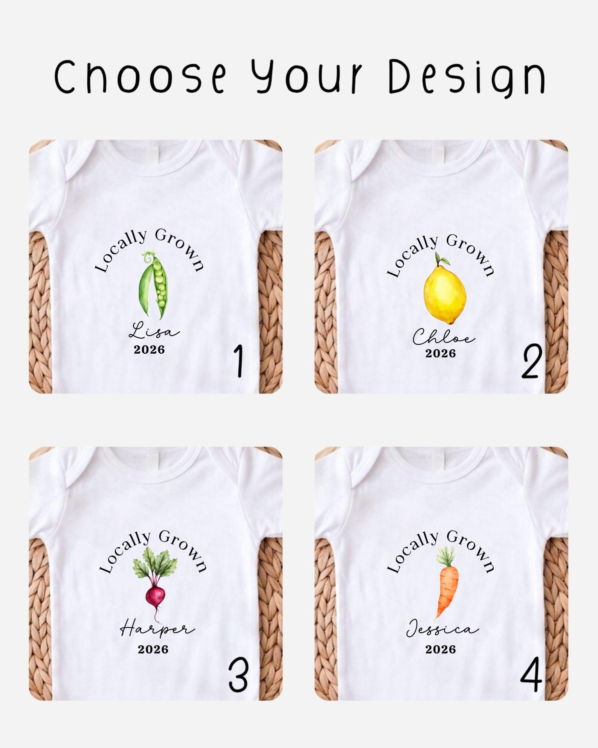 four different white t-shirts with the text "Locally Grown" printed on them, along with illustrations of various vegetables such as a carrot, a radish, and a lemon.