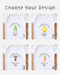 four different white t-shirts with the text "Locally Grown" printed on them, along with illustrations of various vegetables such as a carrot, a radish, and a lemon.