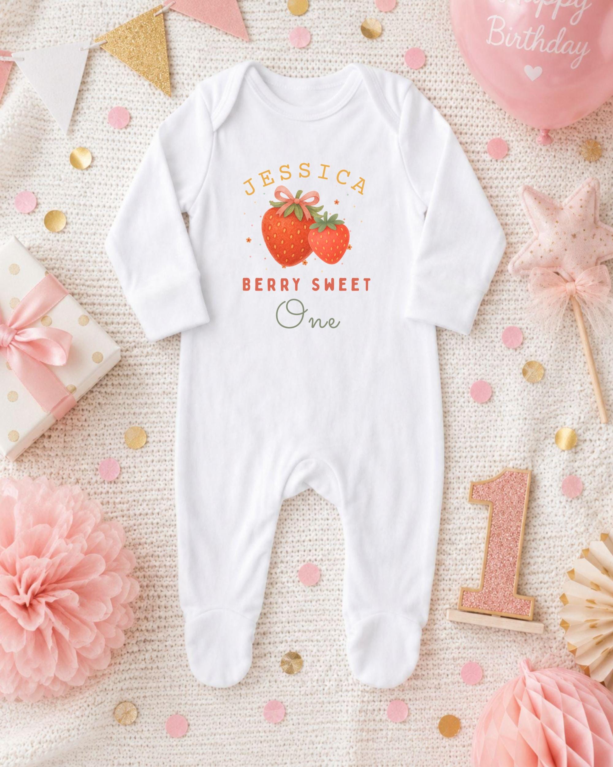 A white onesie with a strawberry design and the text "JESSICA BERRY SWEET One" printed on it, along with a pink star and a pink and gold confetti-covered background.