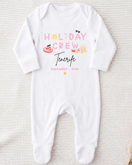 A white onesie with the text "HOLIDAY CREW Tenerife September 2023" printed on it.
