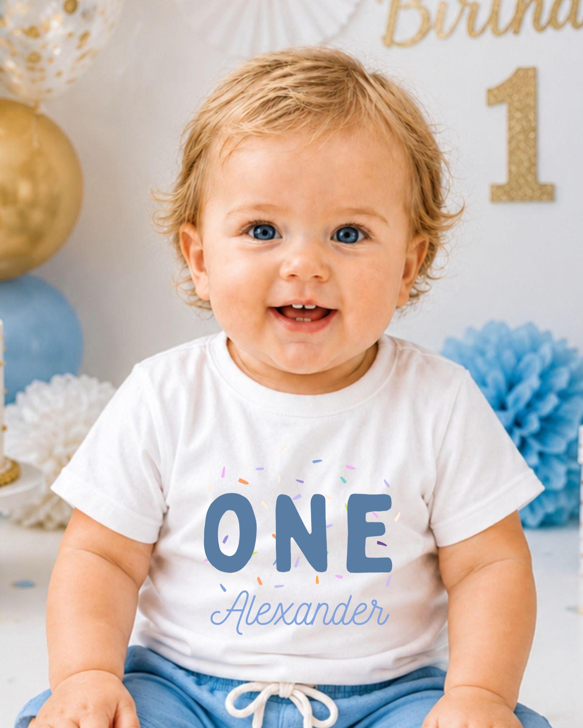 A smiling baby boy wearing a white t-shirt with the text "ONE Alexander" and blue shorts, sitting in front of a birthday party backdrop with balloons and confetti.