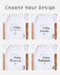 four different white t-shirts with the names "Baby Thompson", "Baby Davids", "Baby Morris", and "Baby Harrison" printed on them. The shirts are arranged in a grid format, with each shirt having a unique name and date printed on it.