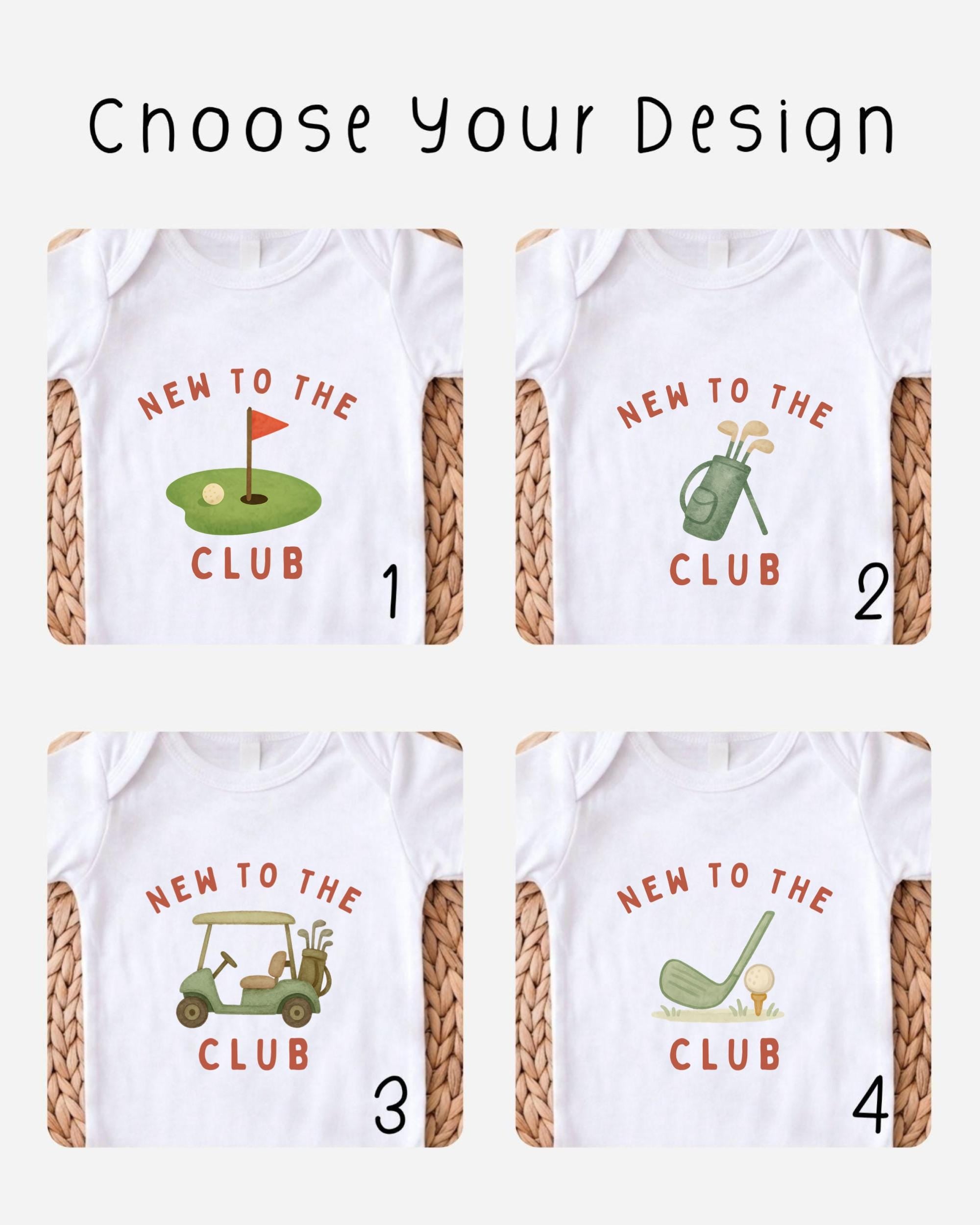four different t-shirt designs with the text "NEW TO THE CLUB" printed on them.